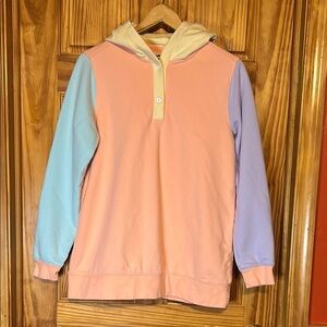 Lands' End Serious Sweats Button Hoodie Crisp Peach Color block. Medium.